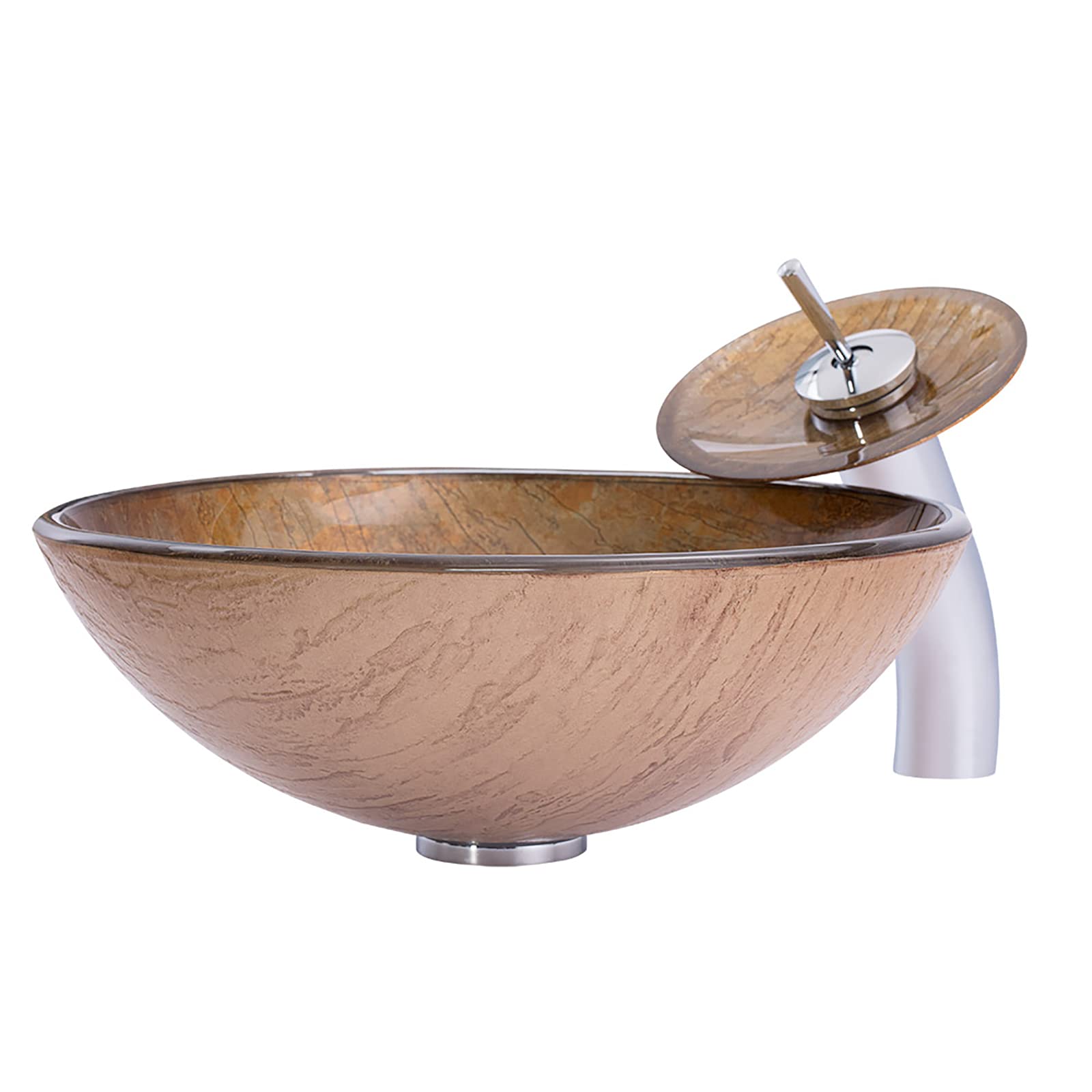 Lavabo de baño Lavabo de Recipiente de Vidrio Templado Lavabo Redondo Lavabo de encimera Lavabo de encimera Lavabo de Arte con Grifo de Cascada, desagüe emergente