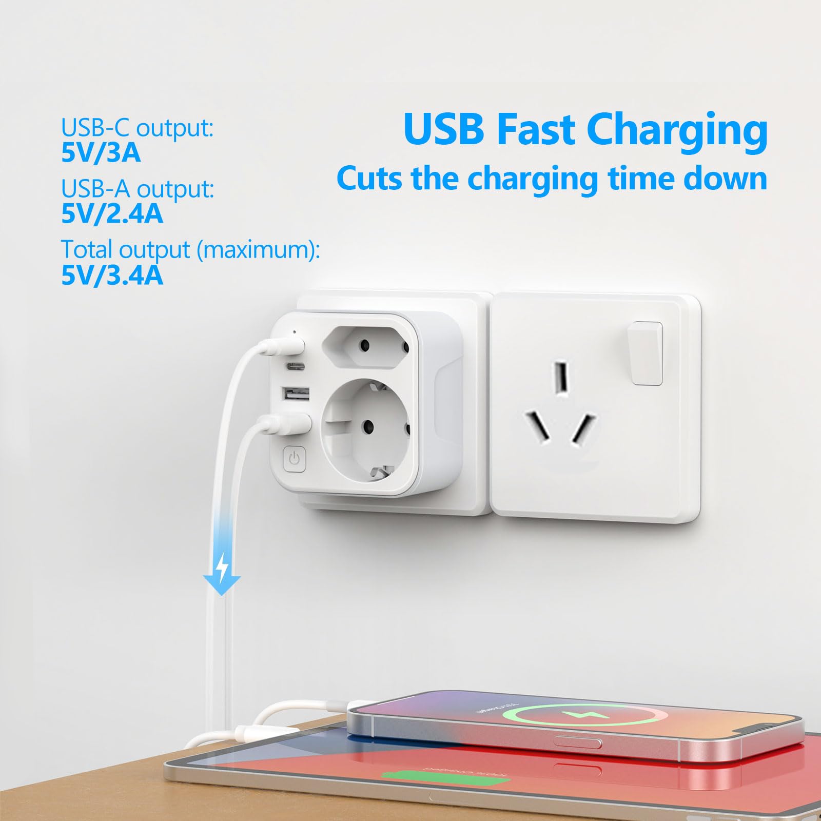 JSVER Adaptateur Prise Australie/Chine 6 en 1 Type I Voyage France vers Australie Argentine avec 2 USB A 2 Type C 17W 2 Prise Blanc