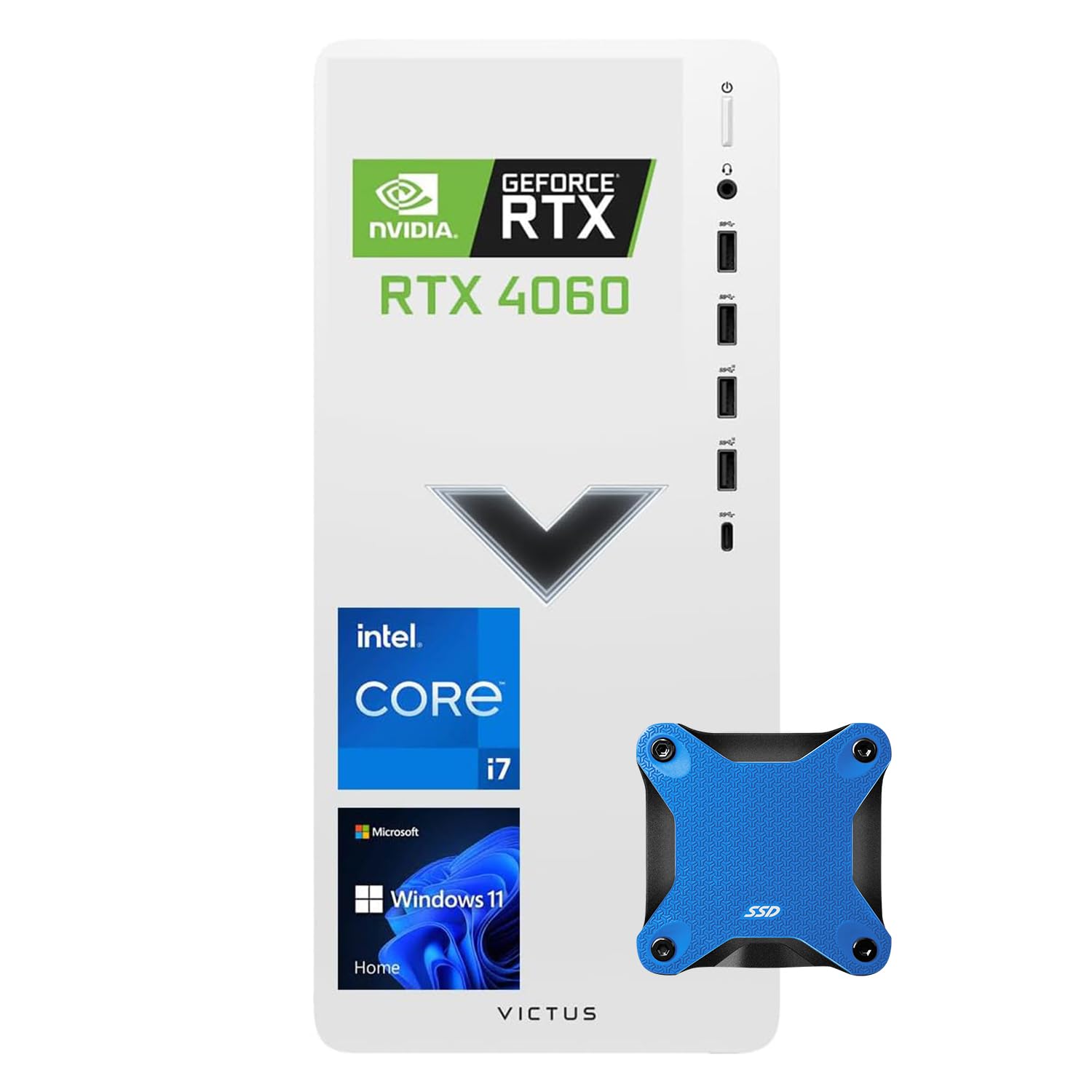 HPVictus 15L Gaming Desktop, Intel Core i7-13700 Processor, GeForce RTX 4060, 64GB RAM, 4TB SSD, Wi-Fi, RJ-45, DisplayPort, Wired KB & Mouse, Windows 11 Home, White with 512 External SSD Bundle