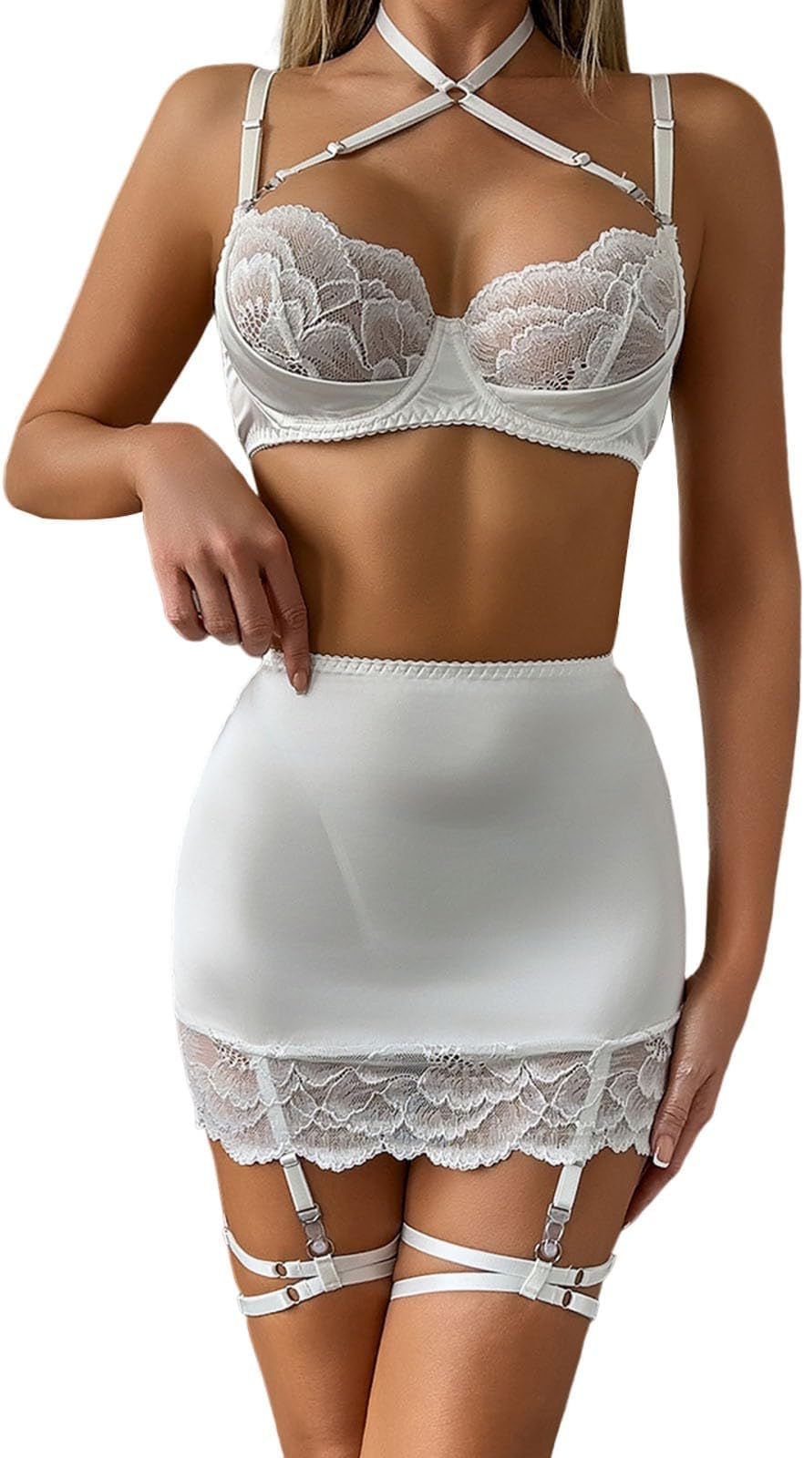 Women’s Sexy Choker Lingerie Sets Underwired Lace Push Up Bra and G-String Mini Skirt Underwear with Strappy Garter Belt 3 Piece Nightwear High Waistline for All Seasons Ladies Festival Club Party