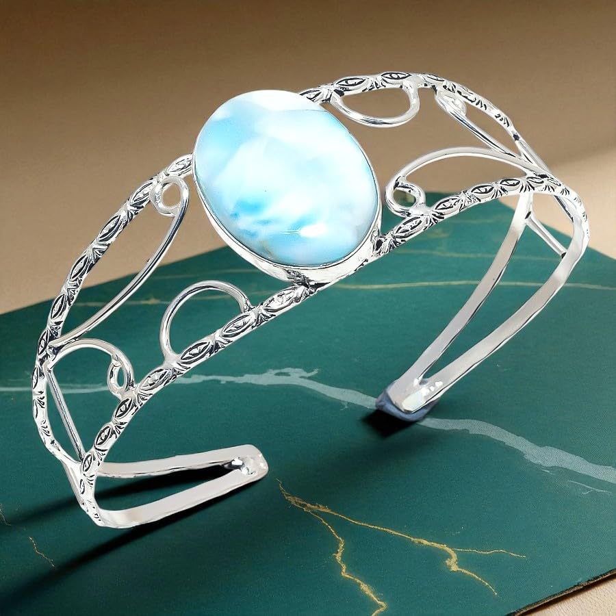 Republic Larimar Gemstone Handmade 925 Sterling Silver Adjustable Cuff Bracelet – Natural Caribbean Larimar, Hypoallergenic, Gift Ready4