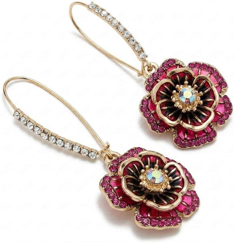 Gold Plated Flower Drop Earrings for Women - 3D Multi-Layered Floral Dangle with Pink and Black Enamel, Rhinestone Embellished Wire Hooks, Statement Jewelry for Her