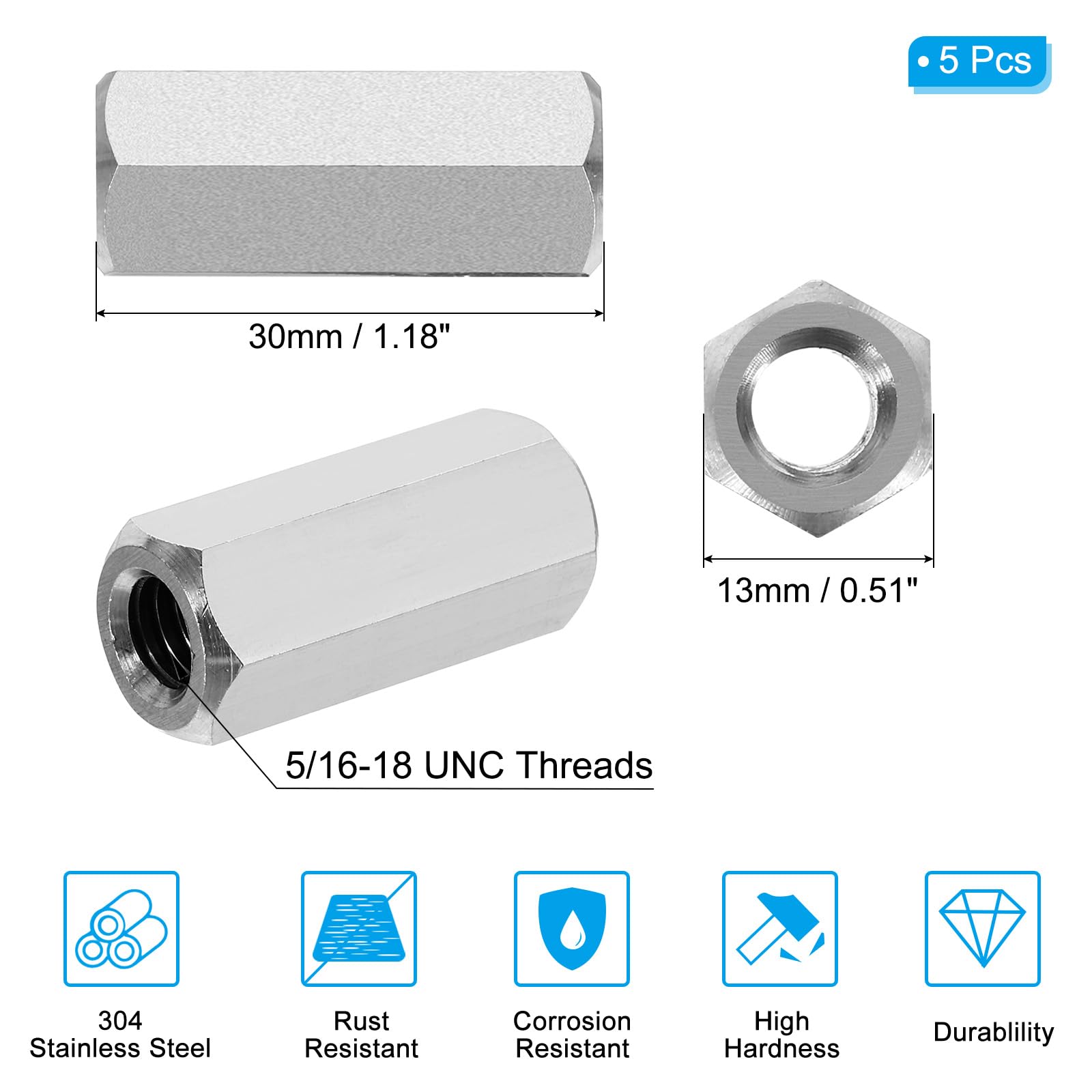 PATIKIL 5/16"-18 UNC 304 Stainless Steel Hex Coupling Nuts - Image 2