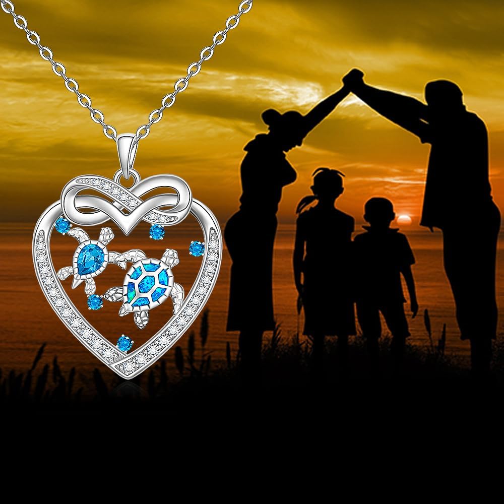 Fenthring Sea Turtle Gifts for Women Turtle Necklace Mom Pendant Sterling Silver Blue Opal Heart Infinity Mother Daughter - Image 4