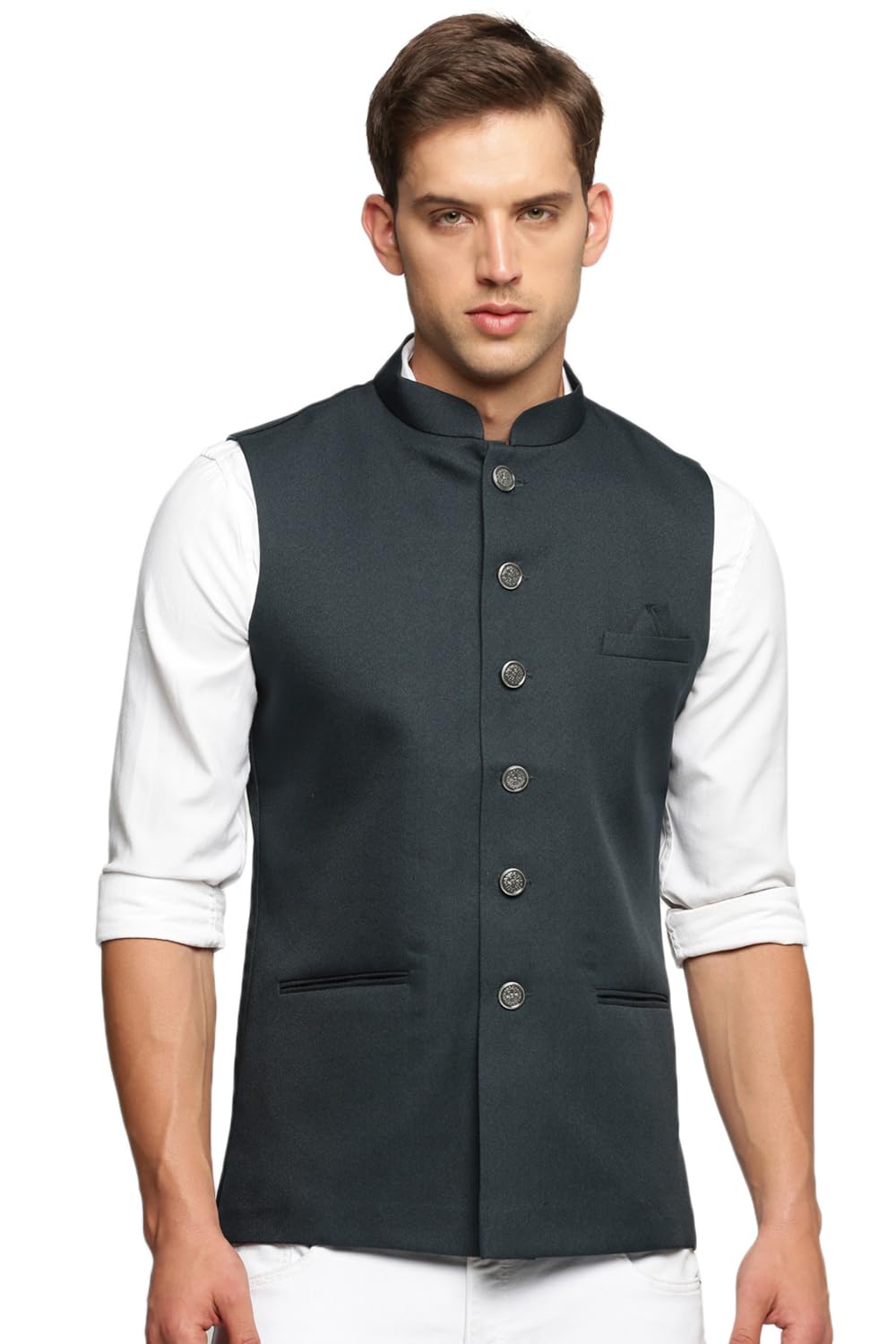 showoffff Men Solid Ethnic Nehru Jacket | Mandarin Collar Sleeveless Cotton NehruJacket for Mens | Slim Fit Regular Length NehruJackets for Men's-picture-25
