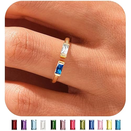 WFYOU Gold Birthstone Rings for Women Non Tarnish Dainty 14K Gold Plated Stackable CZ Ring Adjustable Rings Wedding Promise Rings for Her Couples Gemstones Personalized Jewelry Gift for Birthday