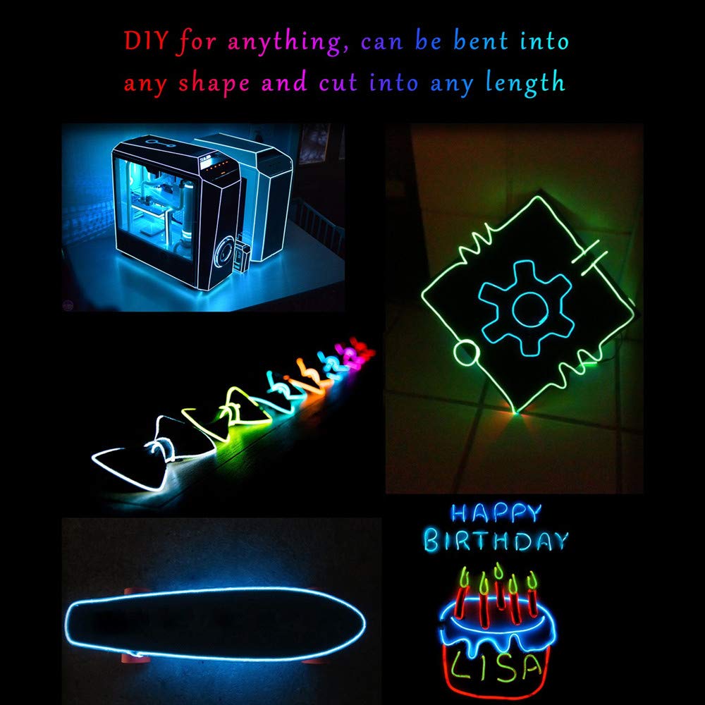 El wire,Sunboia 2x5m Bleu Fil néon Light Etincelant Fil Electroluminescent Rope 3 Modesavec la boîte à pile,Halloween,Noël,mariage,bar,voiture, intérieur,extérieure décoration