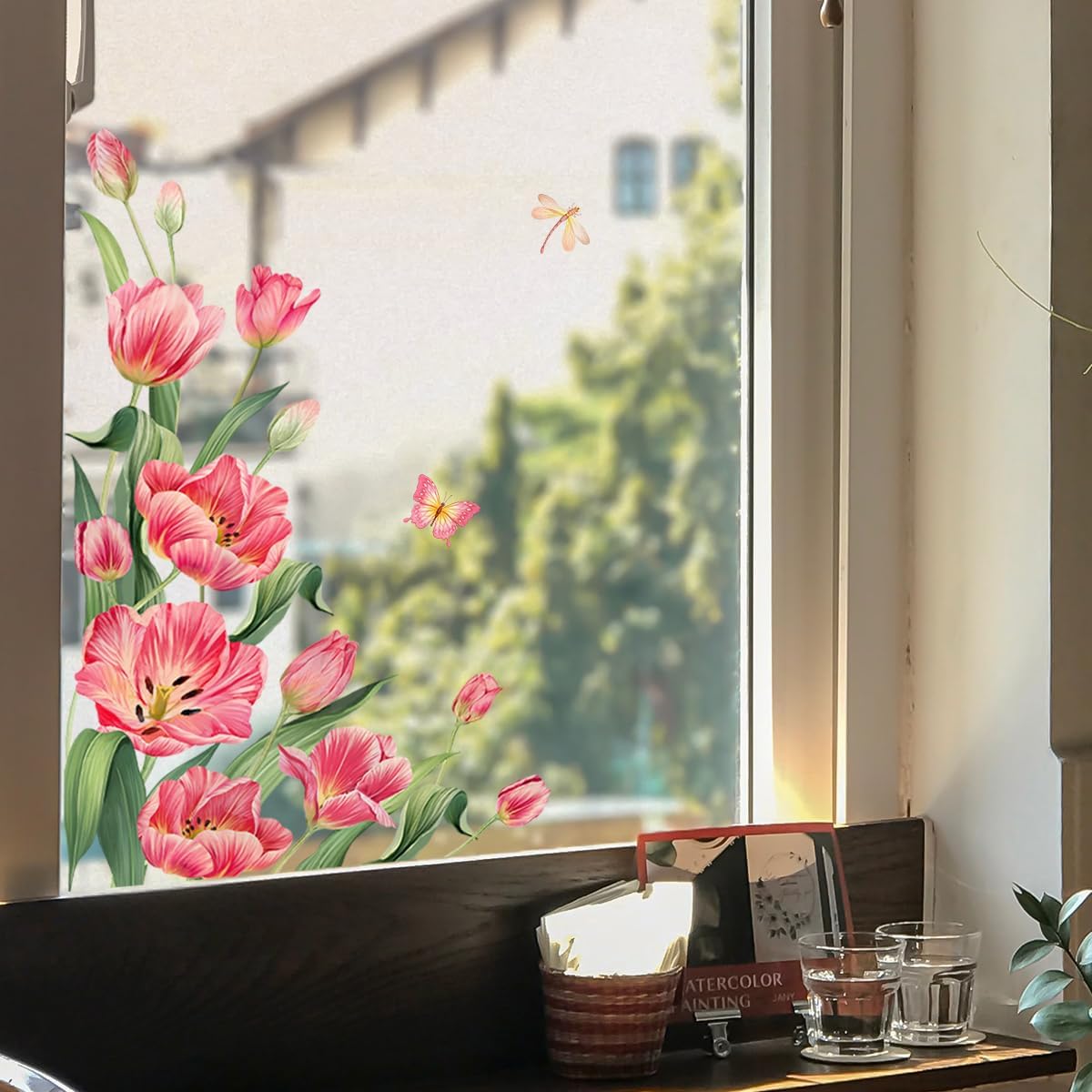 WandSticker4U® - Reusable Window Stickers Spring Tulips Red (60 x 44 cm) I Window Sticker Flowers Self-Adhesive Window Sticker Living Room Bedroom Bathroom Kitchen Window Decoration