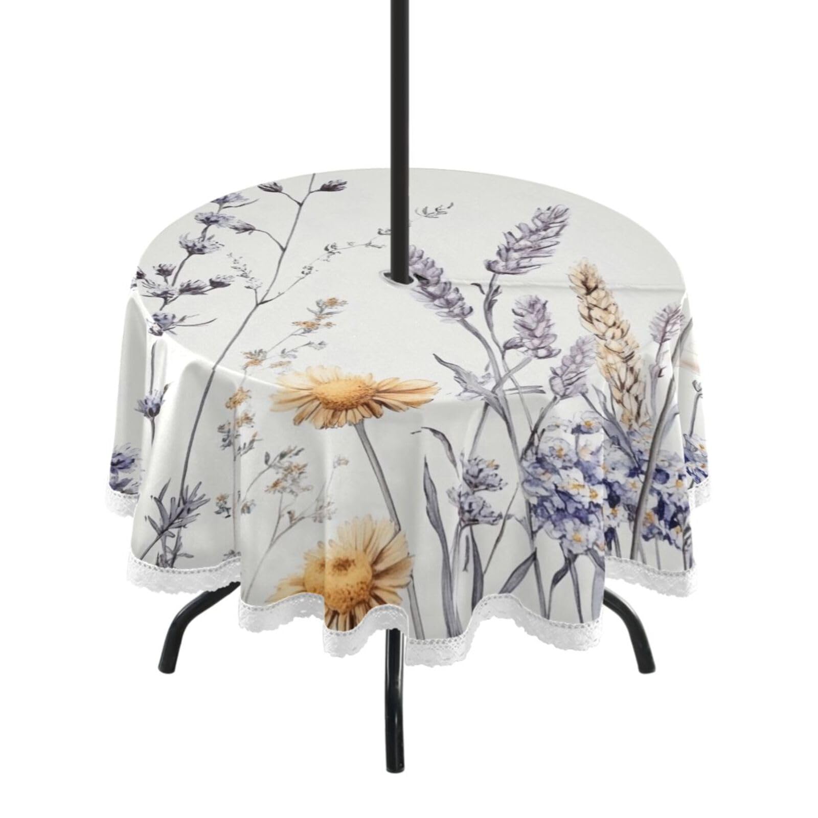 Ttgoth Wildflowers Outdoor Table Cloth 152 cm Water Stain & Resistan Tablecloth Wipeable Table Cover with Parasol Hole & Zipper for Garden Patio Party Picnic