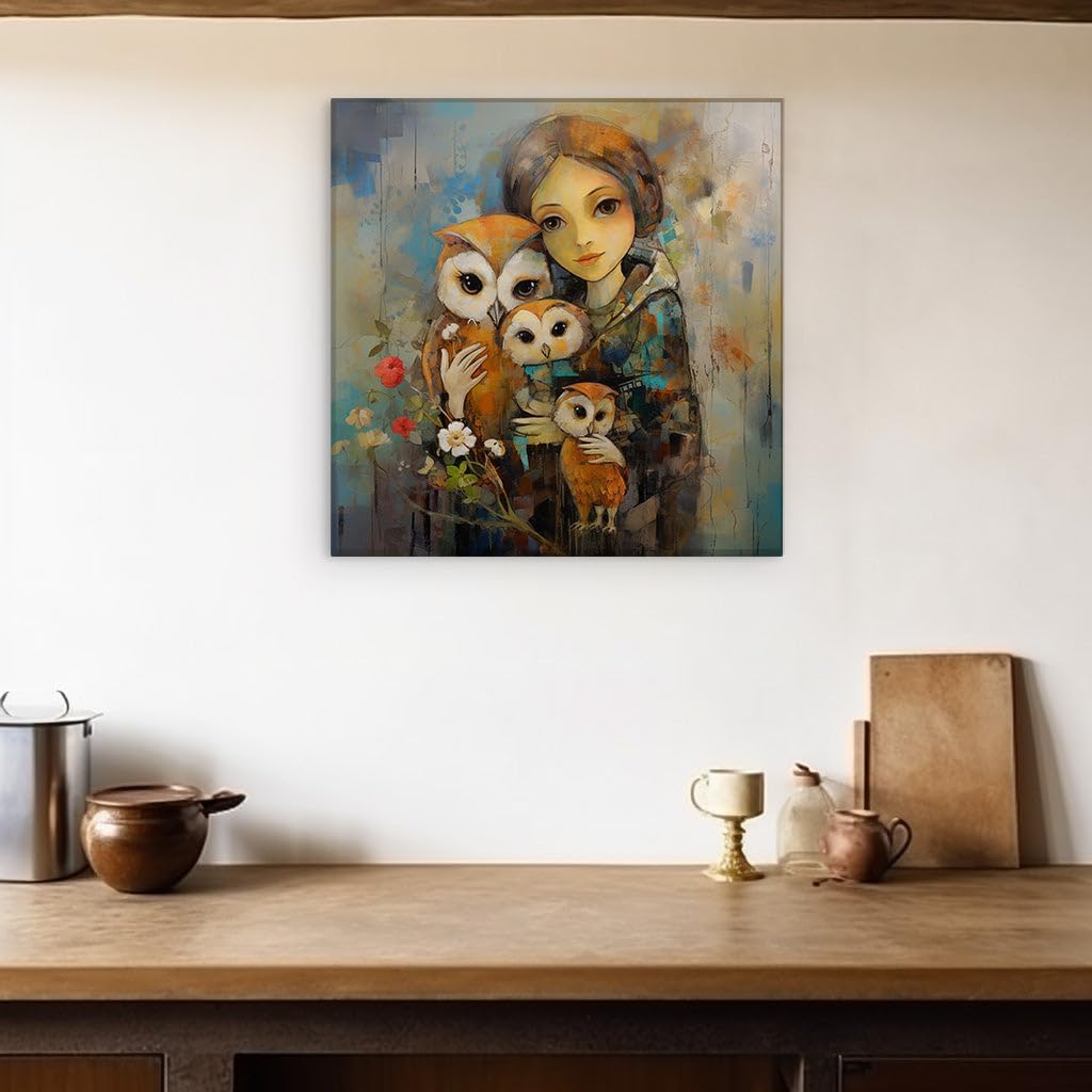 Canvas for Living room. Whispers in Twilight: The Enigmatic Maiden and Her Mystic Owls, 27 x 18 inch Canvas Wall Art - Nature Home Decor - 69x46 cm (27x18 inch)