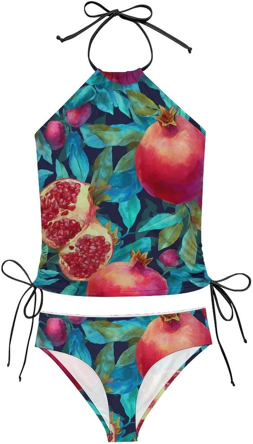Watercolor Pomegranates Women Tankini 2 Piece Swim Bathing Suits | tummy control,high neck top with bottom,swimwear,swimsuits