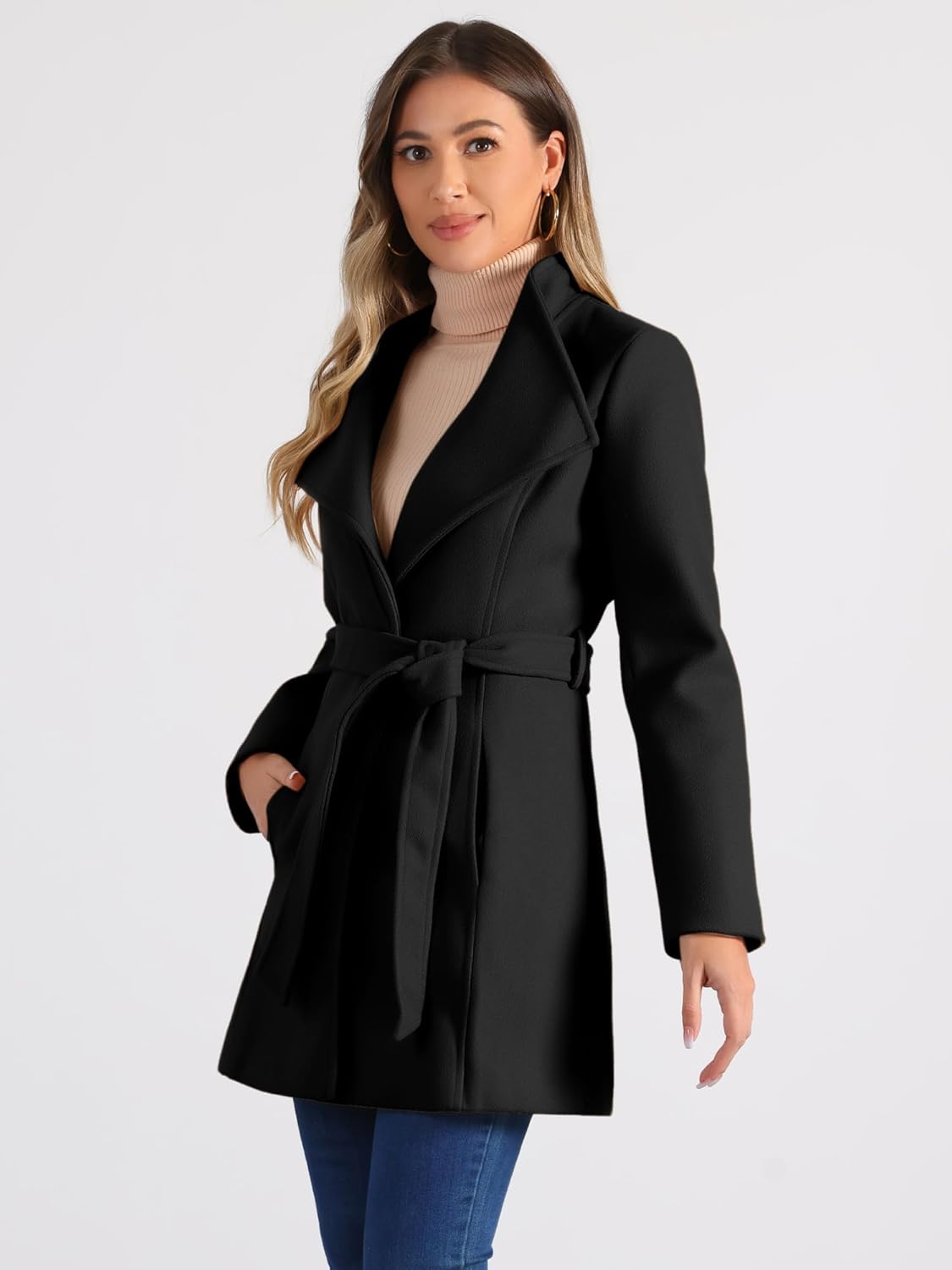 Allegra K Women's Classic Stand Collar Outwear Overcoat Long Sleeve Winter Belted Pea Coat - Image 4