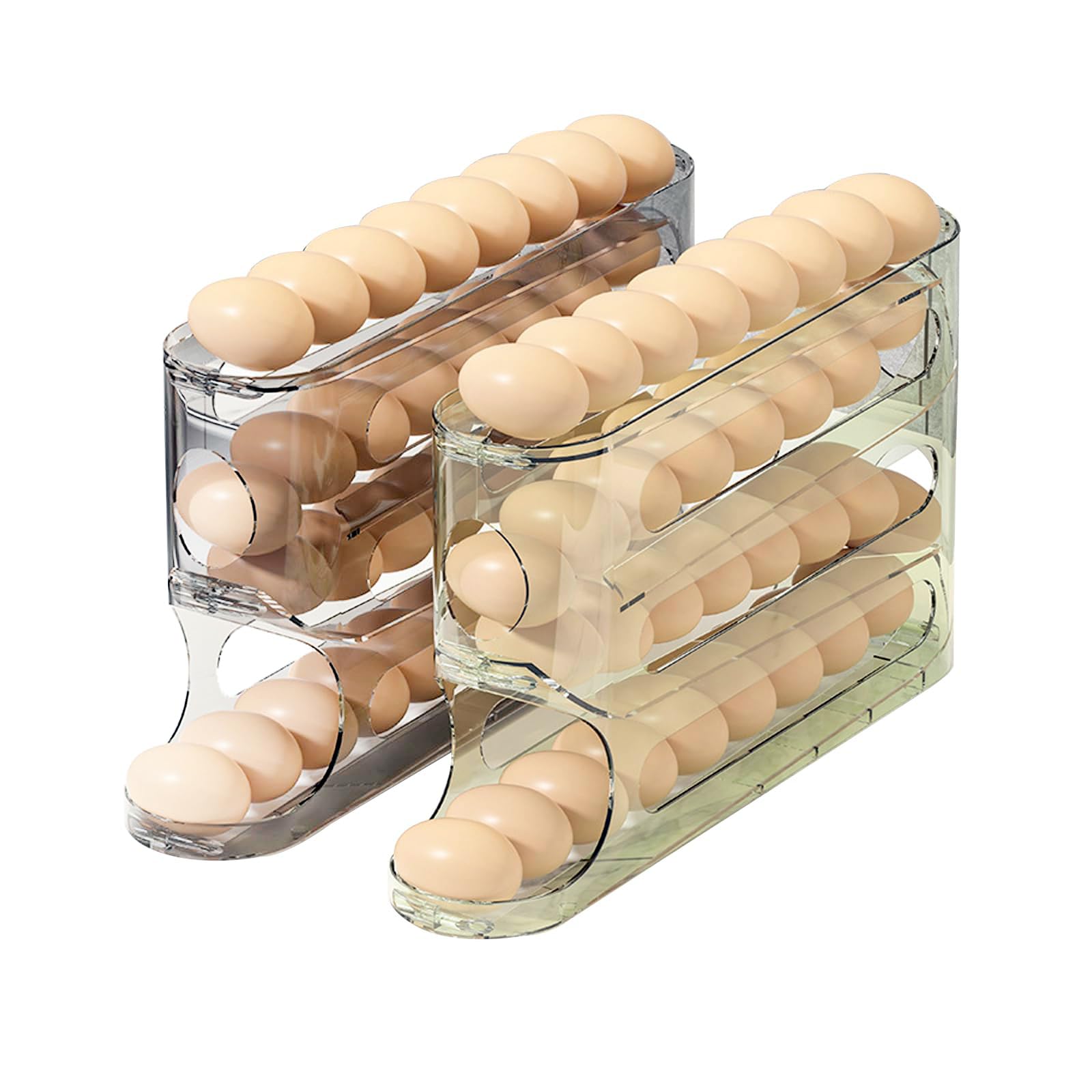 4 Tiers Egg Holder for Fridge - Auto Rolling Space-Saving Egg Dispenser, 30 Egg Capacity, (Set of 2) (Transparent)