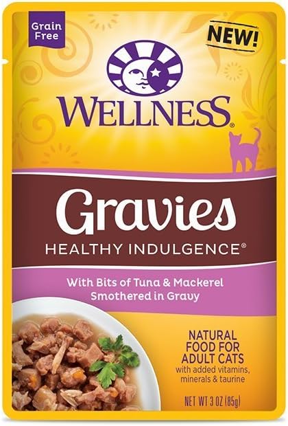 Wellness Healthy Indulgence Natural Grain Free Wet Cat Food, 3-Ounce Pouch (3) Shred Chicken & Turkey, (3) Shred Skipjack Tuna & Shrimp, (3) Gravie Chicken & Turkey, (3) Gravie Tuna & Mackerel (12 PK)
