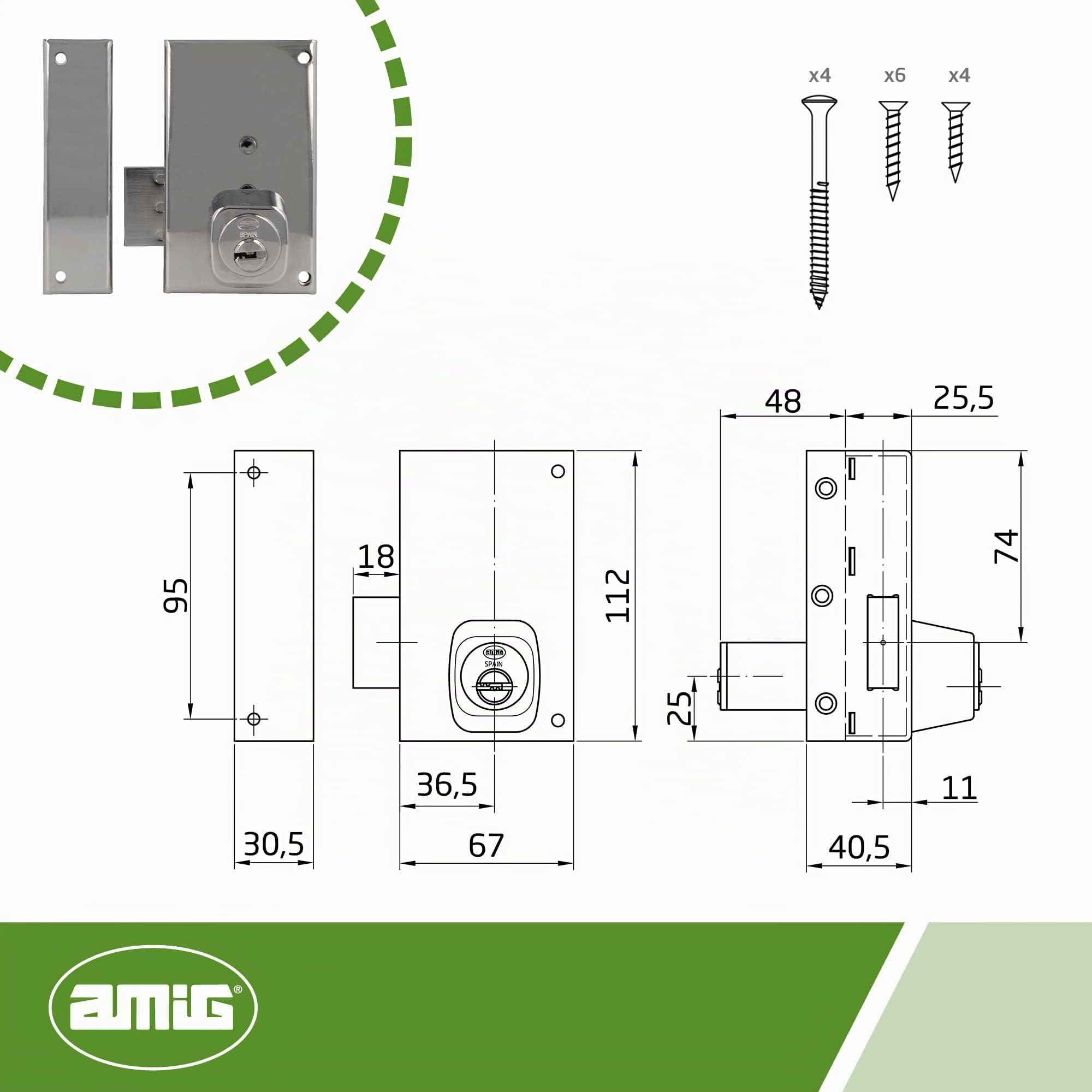 Amig - Cerradura de Sobreponer de Izquierda con Palanca de Cierre y Lengüeta para Puertas de Madera Mod. 75P, 67 x 112 mm, Cilindro Redondo de Seguridad, Acero Plateado