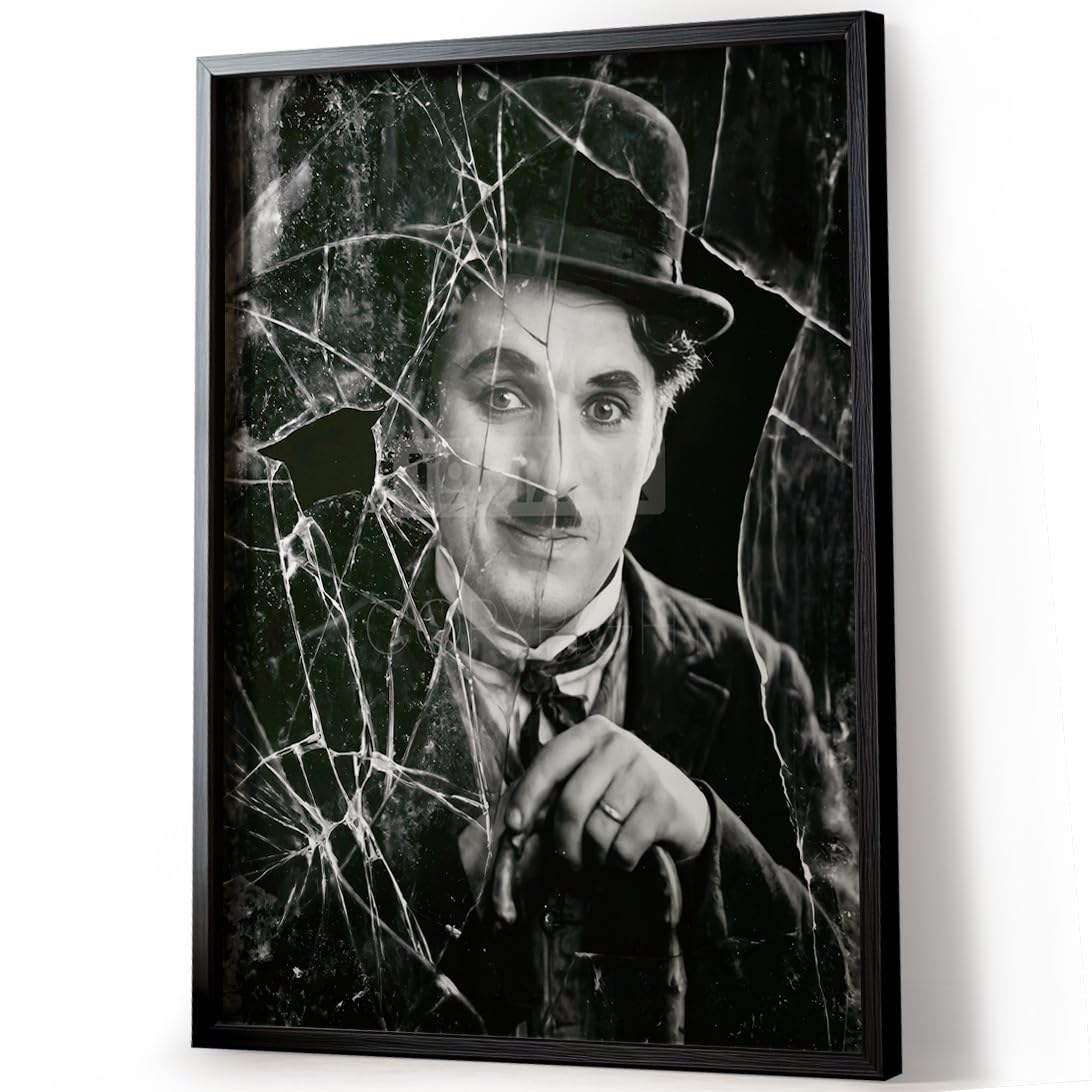 Tomaok® - Poster Stampa poster d'arte (Cornice non fornita) Charlie Chaplin iconico in bianco e nero con frammenti di vetro rotto, Ritratto cinema muto drammatico
