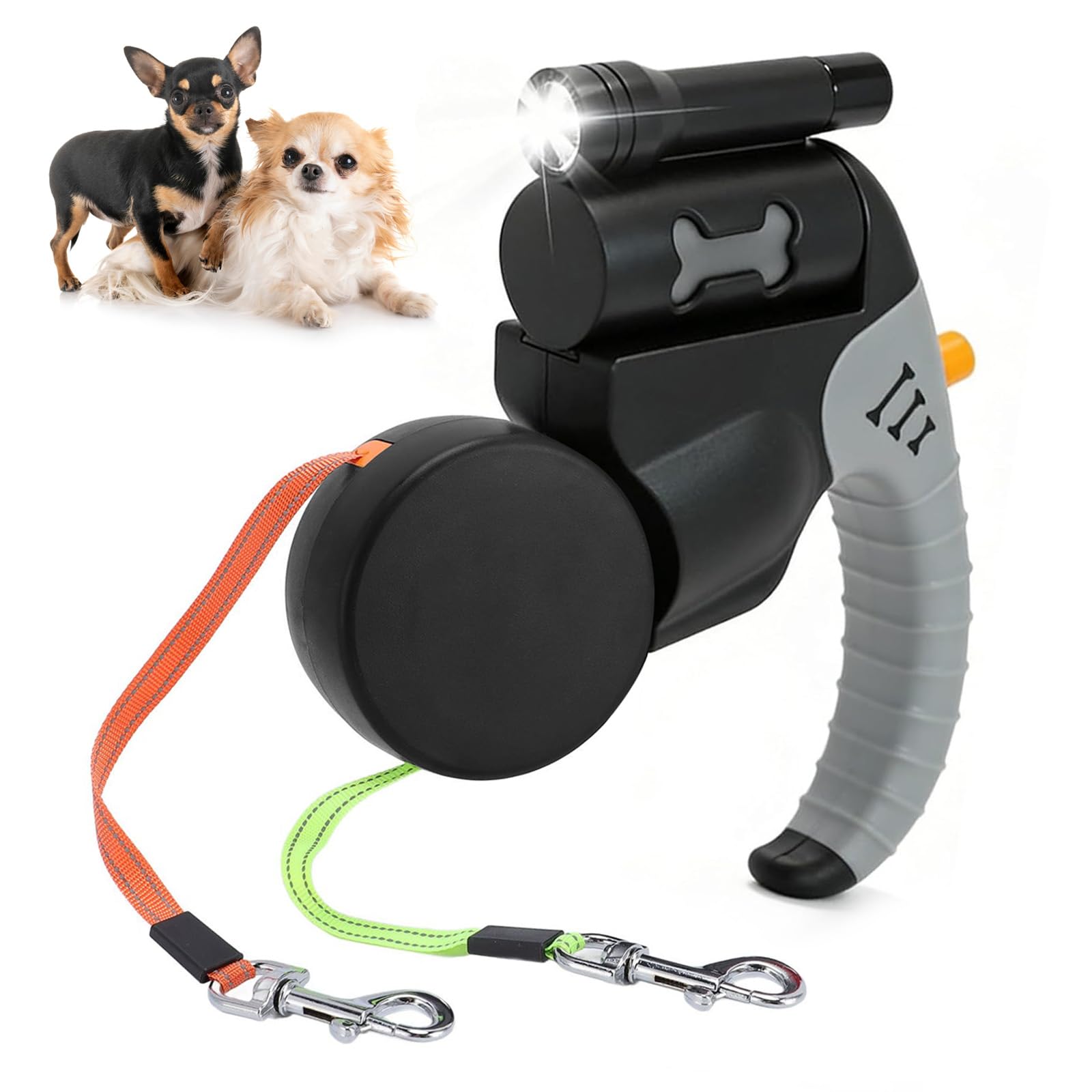 RANJIMA Einziehbare Hundeleine, 3 m Hundeleine Doppelleine Für 2 Hunde Mit Licht, Automatische Hund Versenkbar Leine, Flexileine, Anti Rutsch Griff für Kleine Und Mittelgroße Hunde
