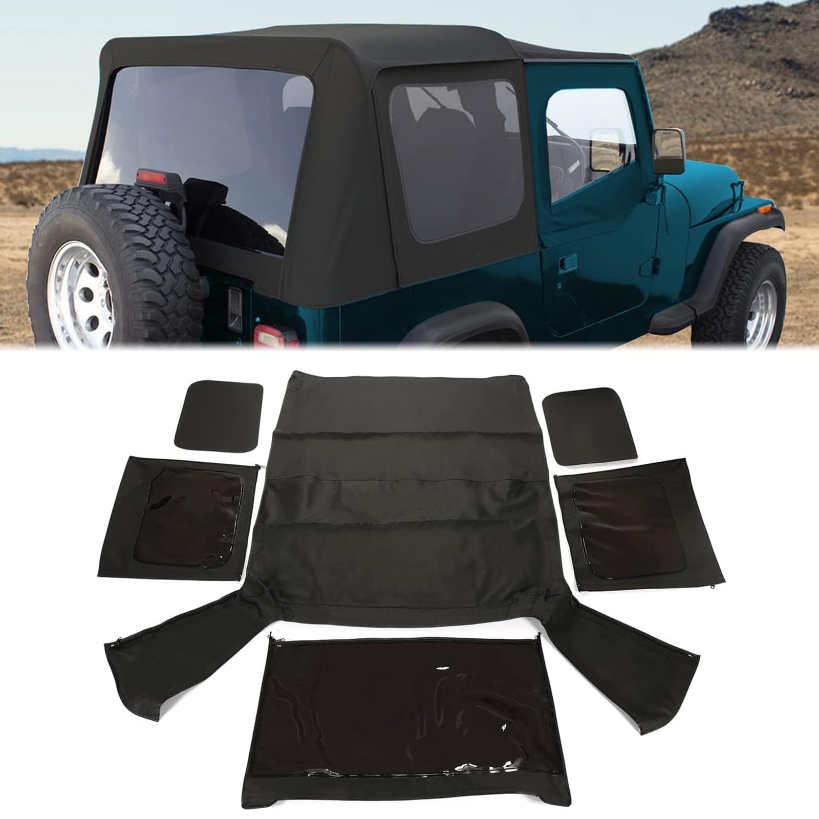 KUAFU Replacement Soft Top Compatible with 1987-1995 Jeep Wrangler YJ 2 Door Sailcloth Vinyl Black Roof, Zip Out with Tinted Plastic Windows w/o Front Upper Door Skins