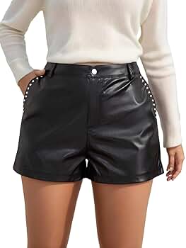 DOUBLE WAIST LEATHER SHORT PANTS サイズ3 Plus Size Women's Faux Leather High Waist Shorts Plus Solid