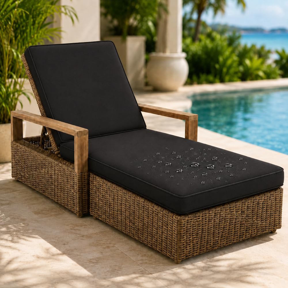 Materassino per Lettino Prendisole Sfoderabile - Cuscino Lettino Prendisole Impermeabile, Spugna 50D, Antiscivolo con 6 Lacci, Sdraio Giardino, Solo Cuscino,Nero,203x66x10cm
