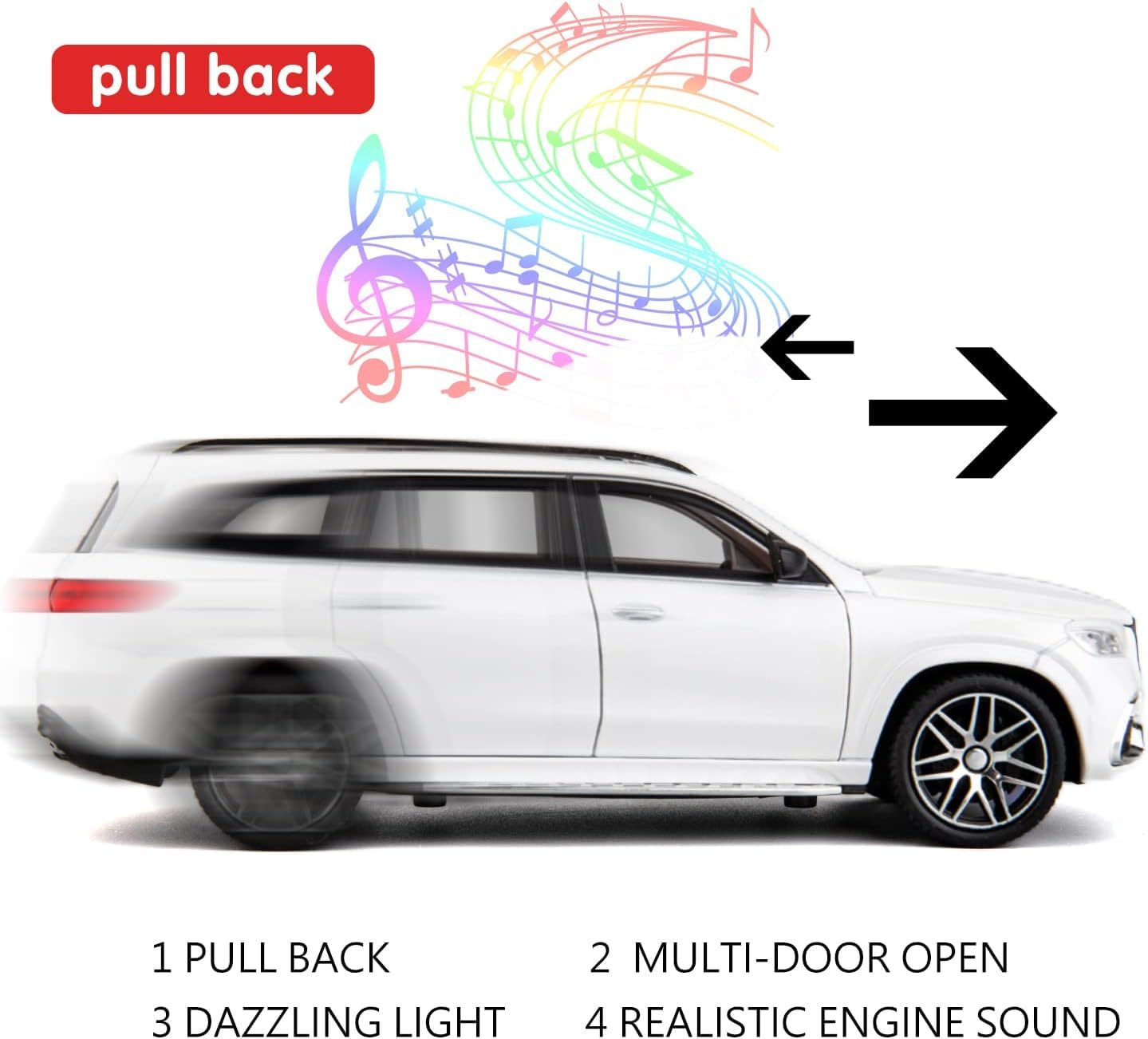 FUNABLO 1/24 Benz GLS63 AMG Model Car,Zinc Alloy Diecast Toy Car Pull Back with Light and Sound Toy Vehicle Door Can Be Opened (White)