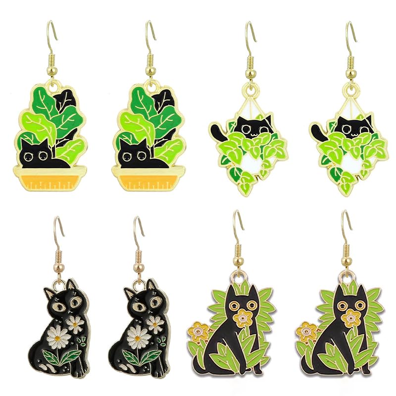 Cute Cat Earrings for Women Flower Dangle Earrings for Cat Lover Jewelry Gifts (black)