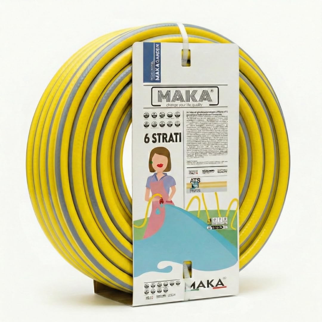 MAKA Tubo Acqua Giardino 3/4 Pollice 50 metri 6 Strati 19mm Pressione 40 Bar Flessibile con Doppio Rinforzo Tessile Retinato Magliato Antitorsione Resiste a Caldo Gelo UV 4 Stagioni Riciclabile (50)