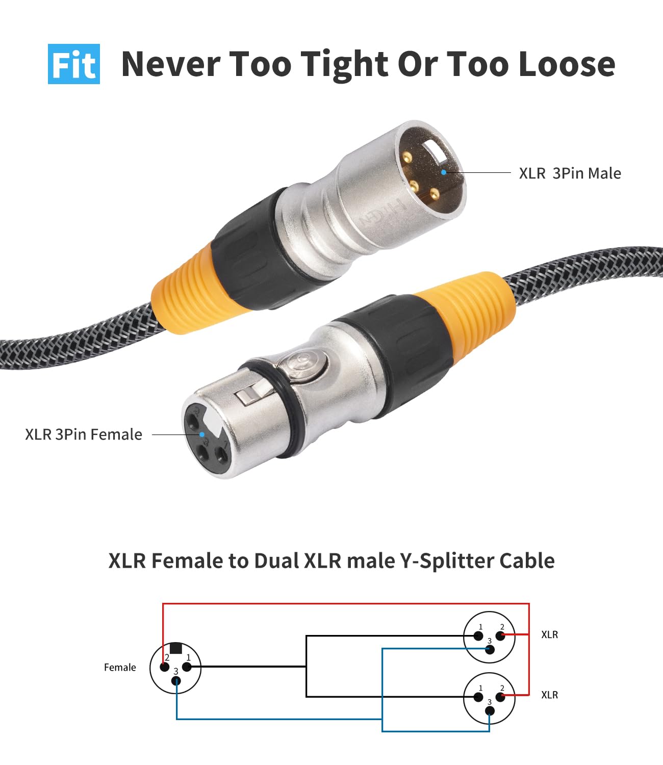 XLR Y-Stil 1 Buchse auf Dual-Stecker, 100 cm, konvertieren symmetrisches Mikrofon, Splitter, XLR-Kabel, versilbertes Splitter, Stereo-Audiokabel für Lautsprecher, Mischpult, Mikrofon