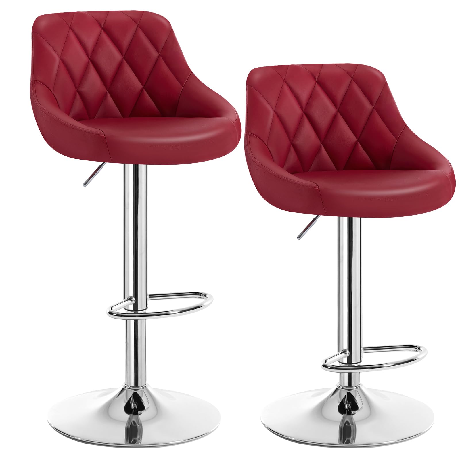 Bar Stools Set of 2 Breakfast Bar Chairs Height Adjustable Dining Kitchen Island Stools with Metal Footrest & Base, Faux Leather Burgundy