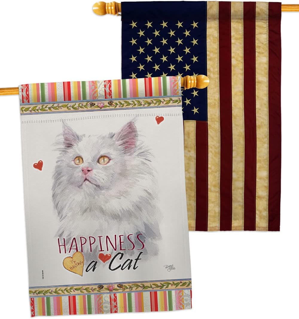 Breeze Decor German Long Hair Happiness House Flag Pack Cat Kitten Meow Spoiled Paw Fur Pet Nature Farm Animal Creature Vintage Applique Banner Small Garden Yard Gift Double-Sided, Made in USA