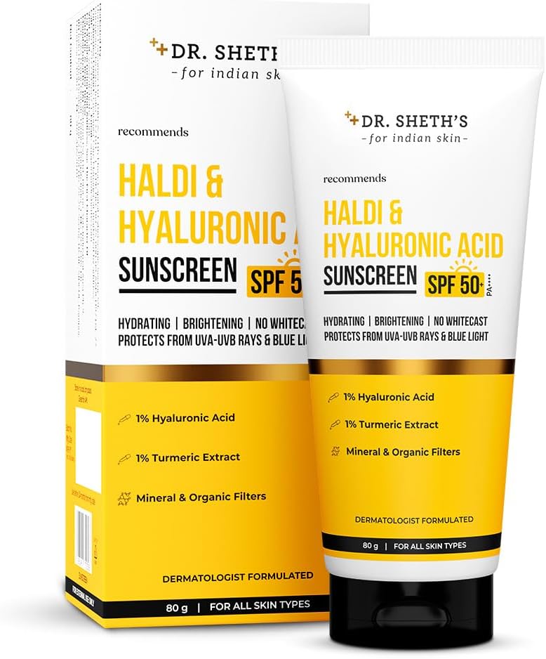 Dr. Sheth's Haldi & Hyaluronic Acid Sunscreen with 1% Hyaluronic Acid | Spf 50+ Pa+++ | Protects Against UVA/B & Blue Light | Hydrating & Brightening | For Men & Women | For All Skin Type | 80 g
