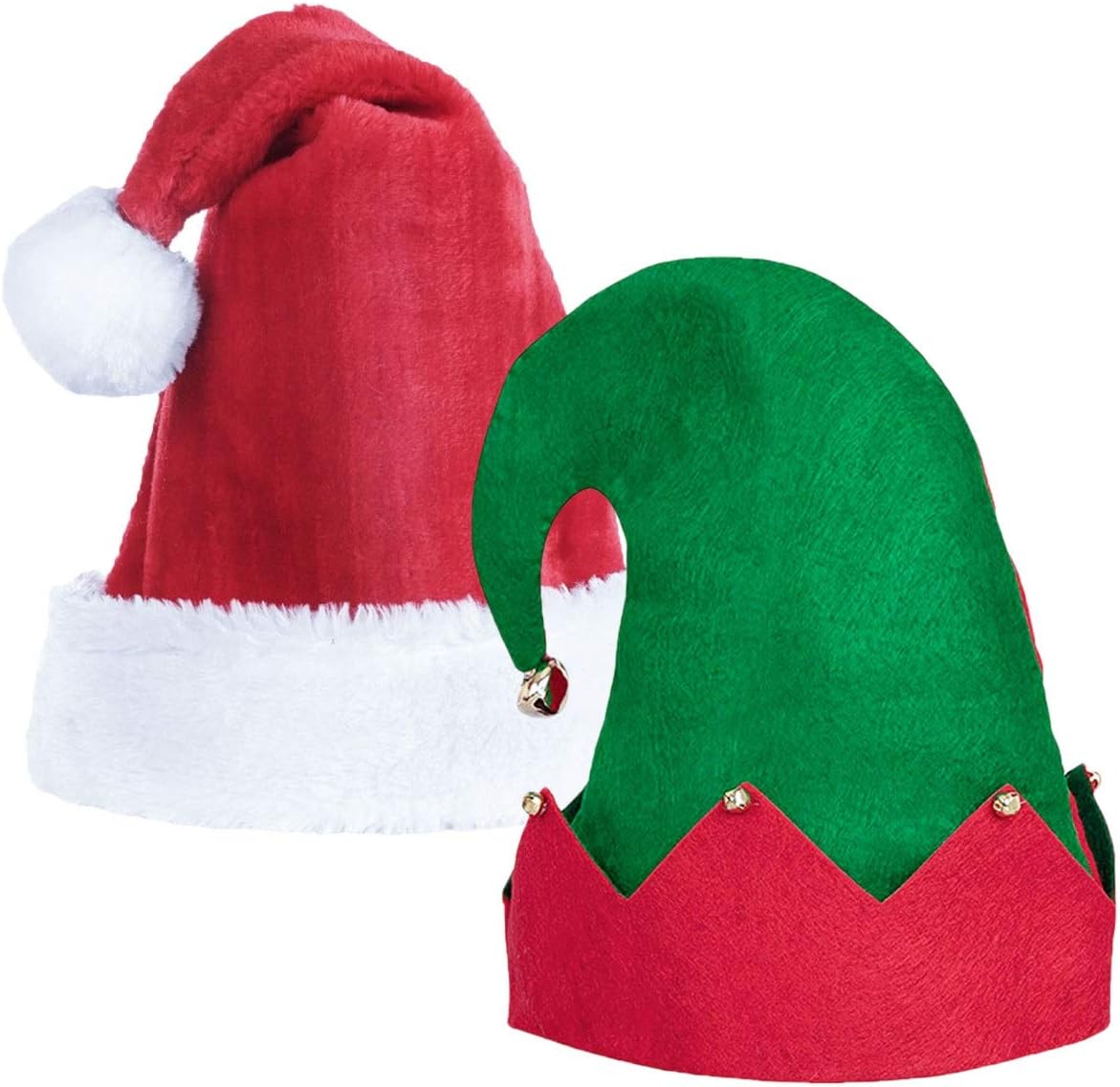Yoklili Christmas Santa Elf Hat Set, Felt Elf Hat with Jingle Bells Ears, Santa Hats for Adults, Christmas Tree Hat, 2 Pack Red, Green