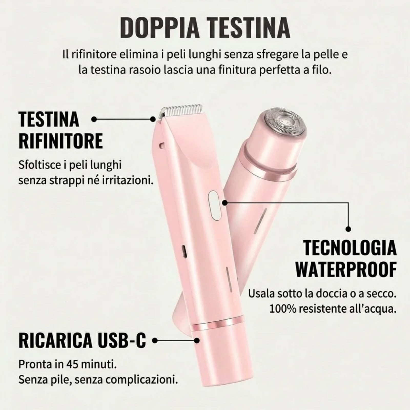 Belloria Rasoio 2 in 1 per bikini e corpo | Rifinitore Bikini e Rasoio Intimo Impermeabile IPX7,Rasatore Delicato Uso Secco e Bagnato per Gambe Ascelle e Viso