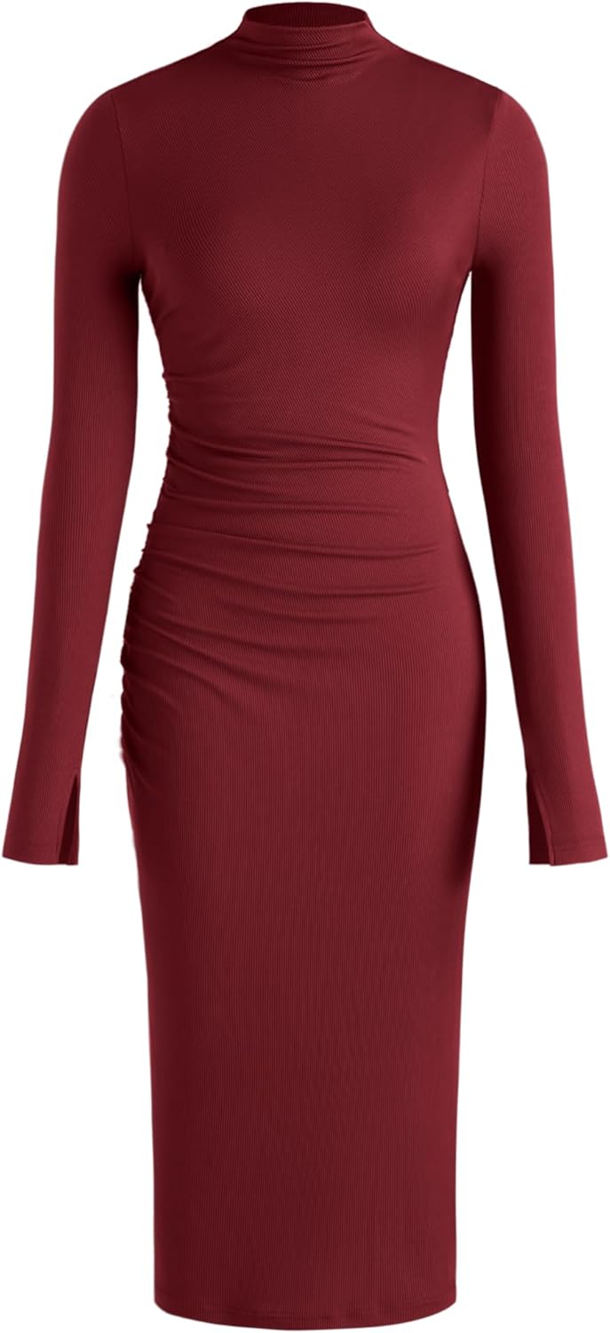 CIDER Long Sleeve Dress for Women High Neck Ribbed Knit Bodycon Ruched Midi Dress Cocktail Party Sweater Solid Dress