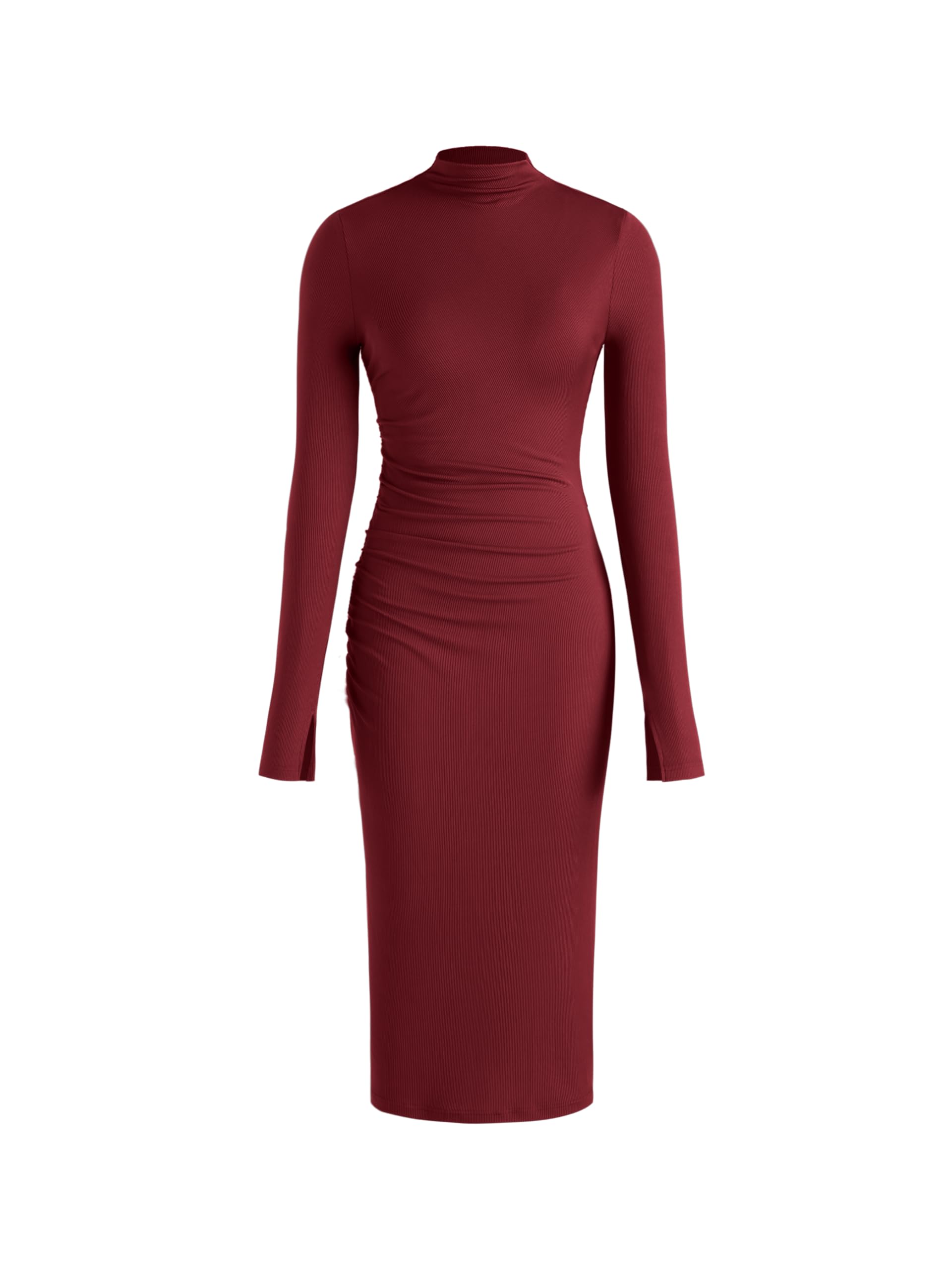 CIDER Long Sleeve Dress for Women High Neck Ribbed Knit Bodycon Ruched Midi Dress Cocktail Party Sweater Solid