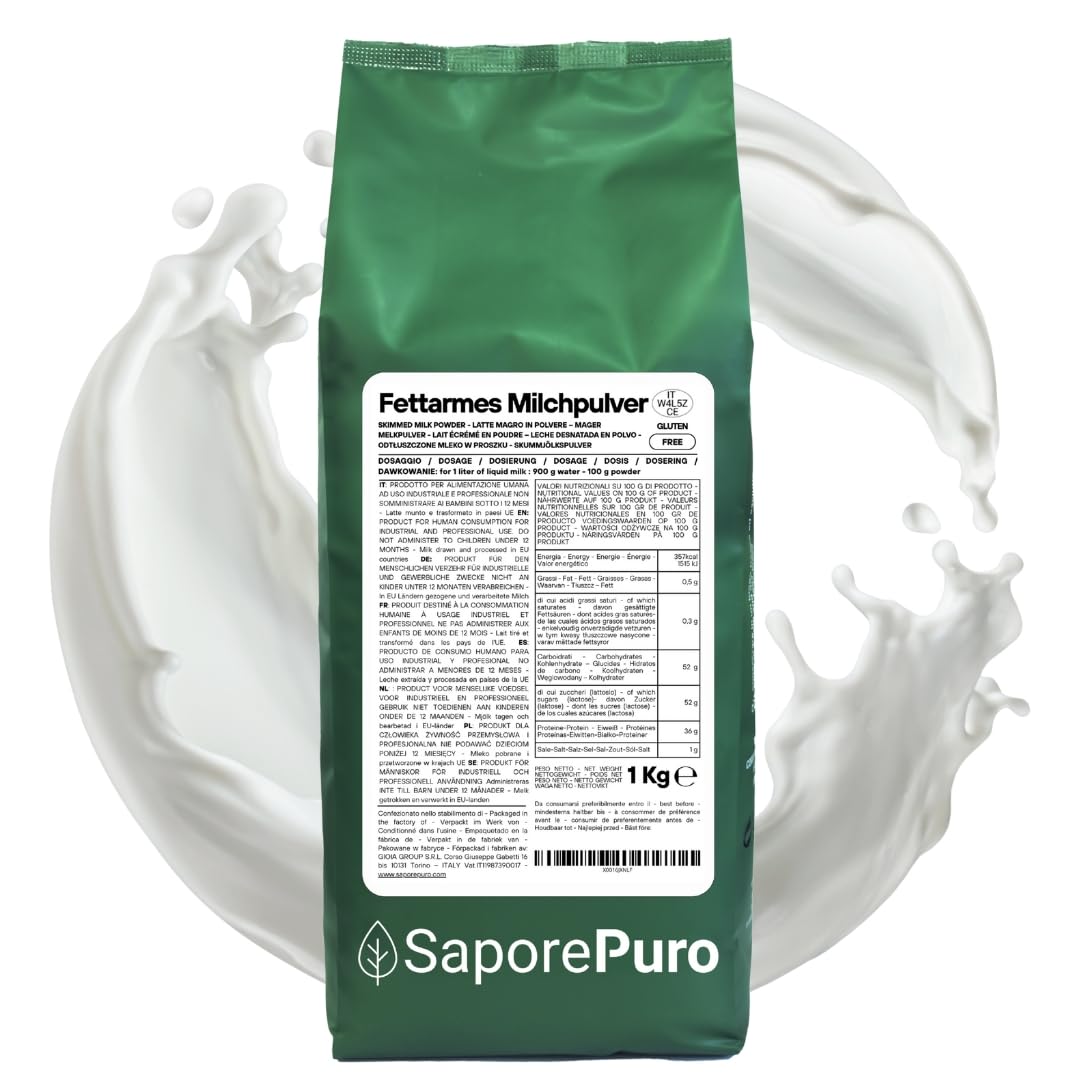 SaporePuro Magermilchpulver 1 kg – Milch für den menschlichen Verzehr | Hohe Löslichkeit | Ideal für Backwaren, Brot und Speiseeis | Professionelle und industrielle Verwendung | Glutenfrei