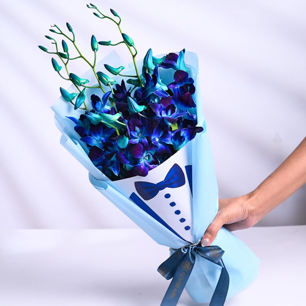 FlowerAura Premium Fresh Live Flower Bouquet of 5 Blue FlowersIn Gentleman Elegance Designer Packing Gift For Birthday | Men's Day | Brother's Day | Fathers Day Gift For Dad (Same Day Delivery)-image-5