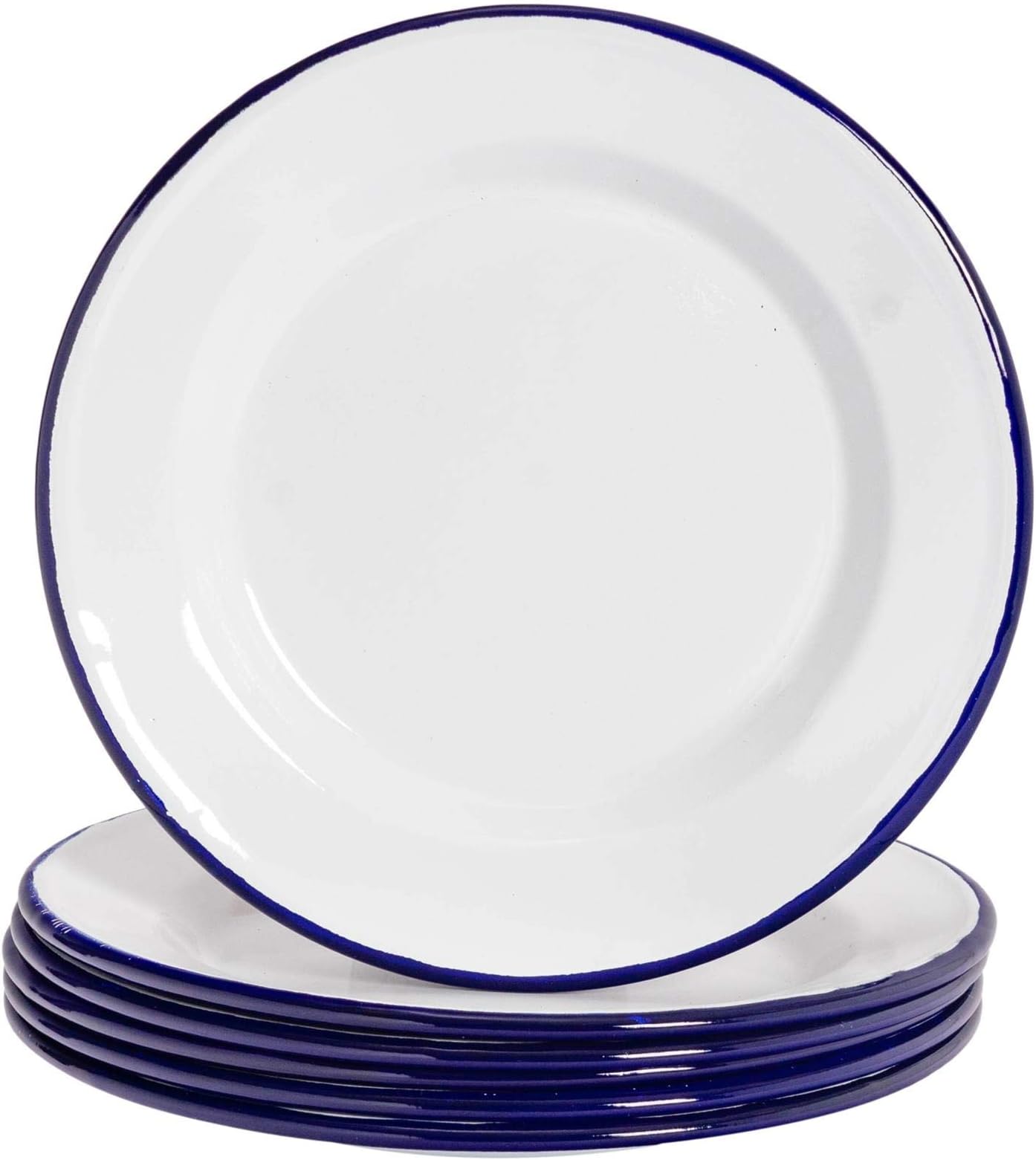 Argon Tableware Premium White Enamel Dinner Plates - 219mm / 9" - Blue Trim - Pack of 6