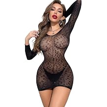 Sexy Lingerie for Women Leopard Print Bodycon Mini Dress Long Sleeve V-Neck Stripper Outfits Mesh Chemise Babydoll
