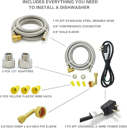 Miniatura 8 de Kit de instalación universal para lavavajillas, manguera de lavavajillas de acero inoxidable de 4 pies, línea de suministro de agua a prueba de