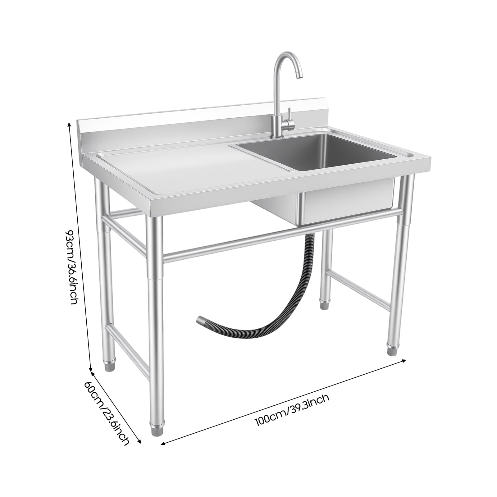 Lavello da cucina in acciaio inox, doppio lavello industriale, autoportante, 1 lavello con manopole, rubinetto, per cucina, garage, lavanderia, ristorante, 100 x 60 cm