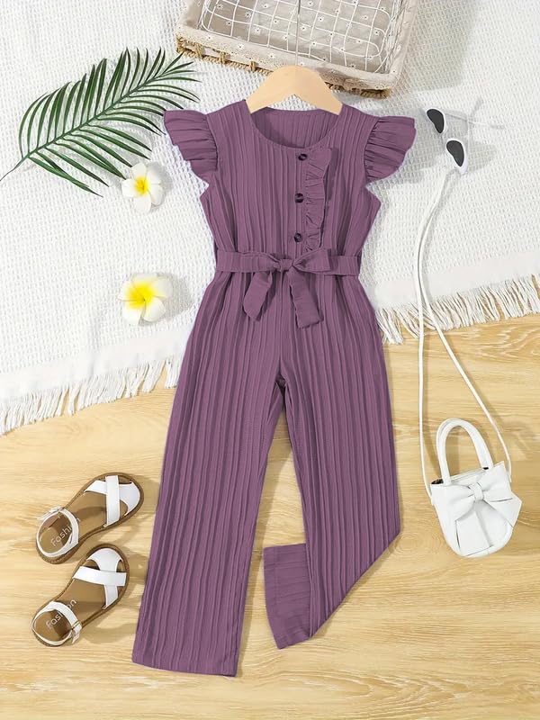 Image of Niren Enterprise Stylish Girls' Pleated Jumpsuit with Ruffle Sleeves, Button-Down Front, and Waist Belt - Comfortable Casual Outfit for Kids