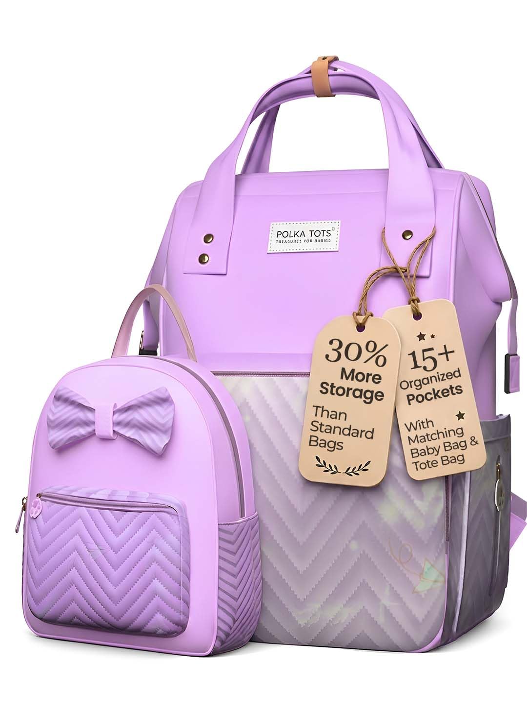POLKA TOTS MamaMini Luxe Duo Diaper Backpack with Baby Bag- Diaper Bag Combo for Moms- Spacious Storage of 15 Pockets, Insulated Bottle Holder, Water-Resistant Fabric, 0-3 Year (Purple, 65X35X12cm)-image-42
