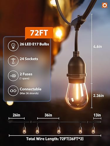 Miniatura 26 de addlon - Tira de luces LED para exteriores de 48 pies con bombillas Edison de 2 W regulables, irrompibles y filamento de grado comercial resistente