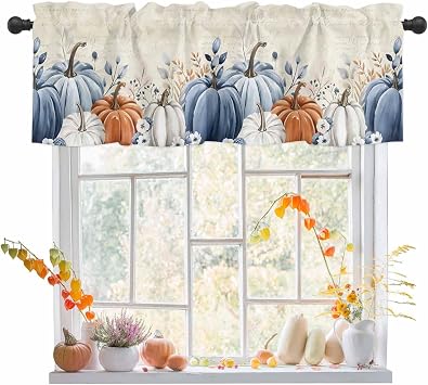Orange Blue Grey Pumpkins Fall Curtain Valances for Windows Living Room, Thanksgiving Botanical Curtain Toppers and Valances for Bedroom, Maple Leaf Rustic Rod Pocket Kitchen Curtains Valances 54"x18"
