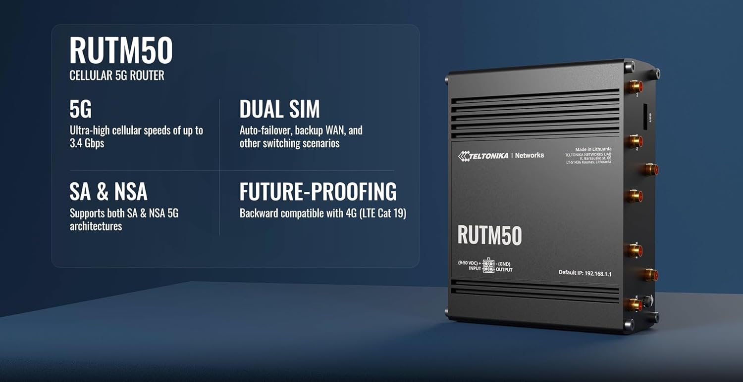 Teltonika RUTM50 5G Industrial Router – Dual SIM Failover, WiFi 5, Gigabit Ethernet, VPN & RMS Support (RUTM50000000)
