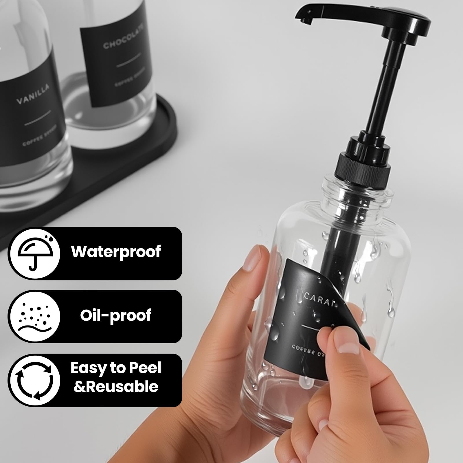 Sunal Kaffeesirupspender mit Tablett, Set mit 3 Glas-Sirupspendern mit 0,6 l großer Pumpe, wasserdichten Etiketten und Trichter, 500 ml Sirup-Pumpflasche für Kaffeebar und Küche (schwarz)