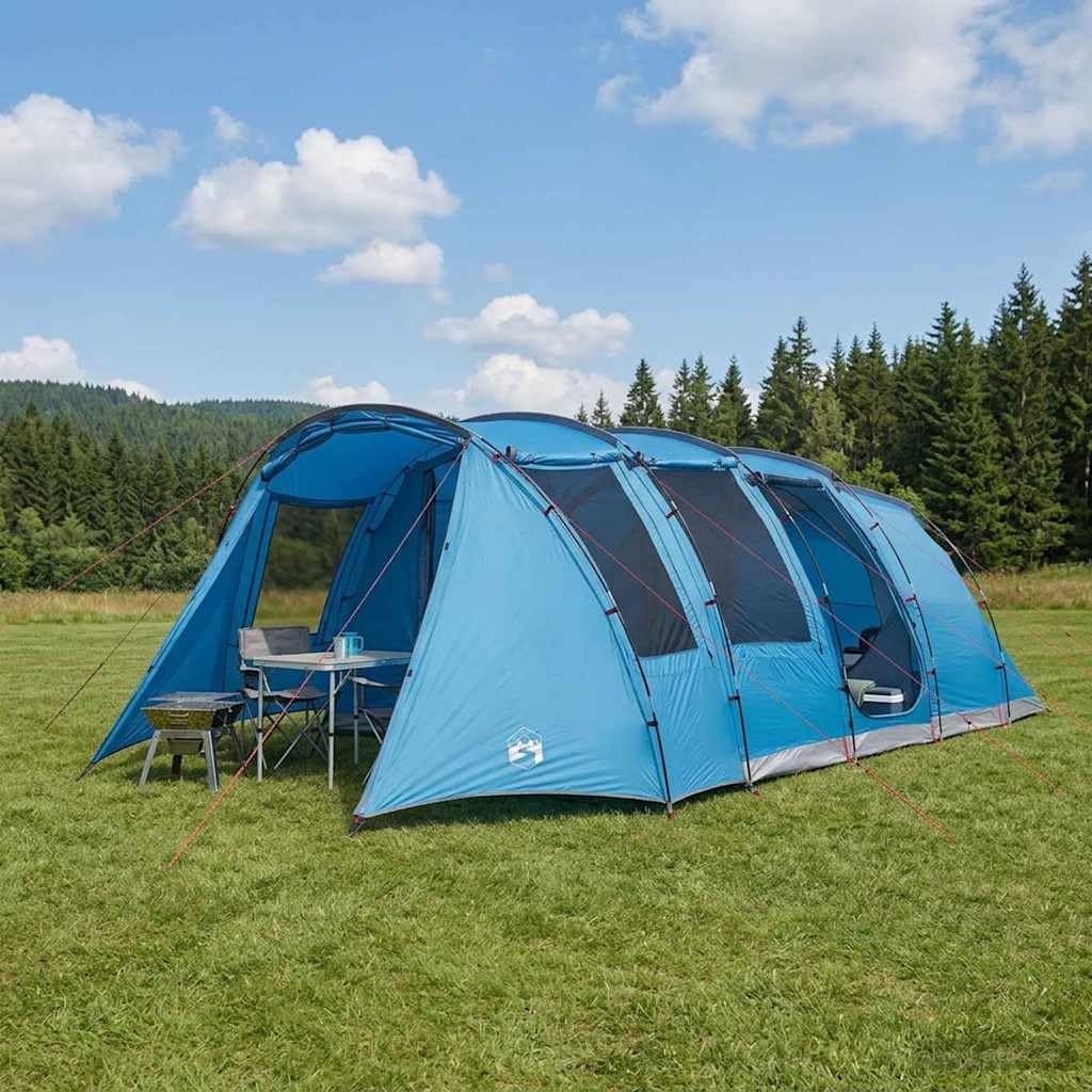 Namiot tunelowy niebieski 675 x 392 x 210 cm, wodoszczelny namiot rodzinny z poliestru 185T ze stelażem z włókna szklanego, wnętrze 25,46 m², łącznie ze śledziem, linką napinającą, torbą do