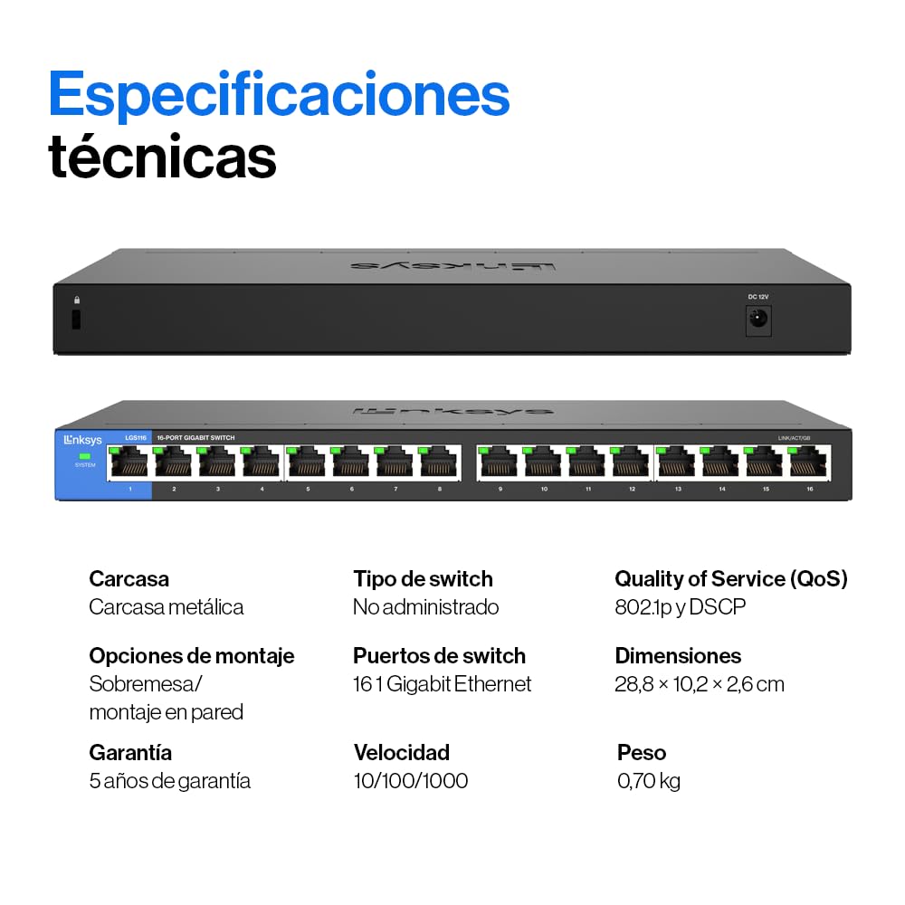Linksys LGS116-EU switch de red no administrado Gigabit de 16 puertos, concentrador Ethernet para casa y oficina con carcasa metálica, montaje de sobremesa o en pared, divisor Ethernet, plug and play