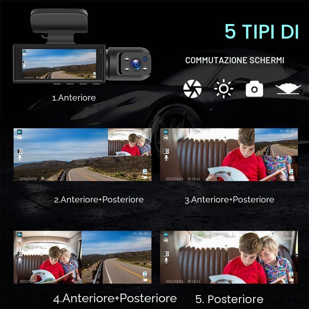 Sherum Dash Cam, Telecamera Anteriore e Posteriore, registratore di Guida per Auto con Visione Notturna 1080p, modalità parcheggio 24 Ore, Accessori per Auto,WiFi DashCam